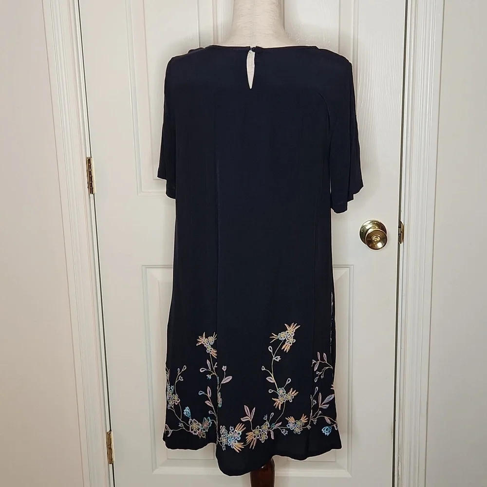 Loft Navy Blue Embroidered Floral Bird Norway Shift Dress  Size XS - Picture 4 of 11